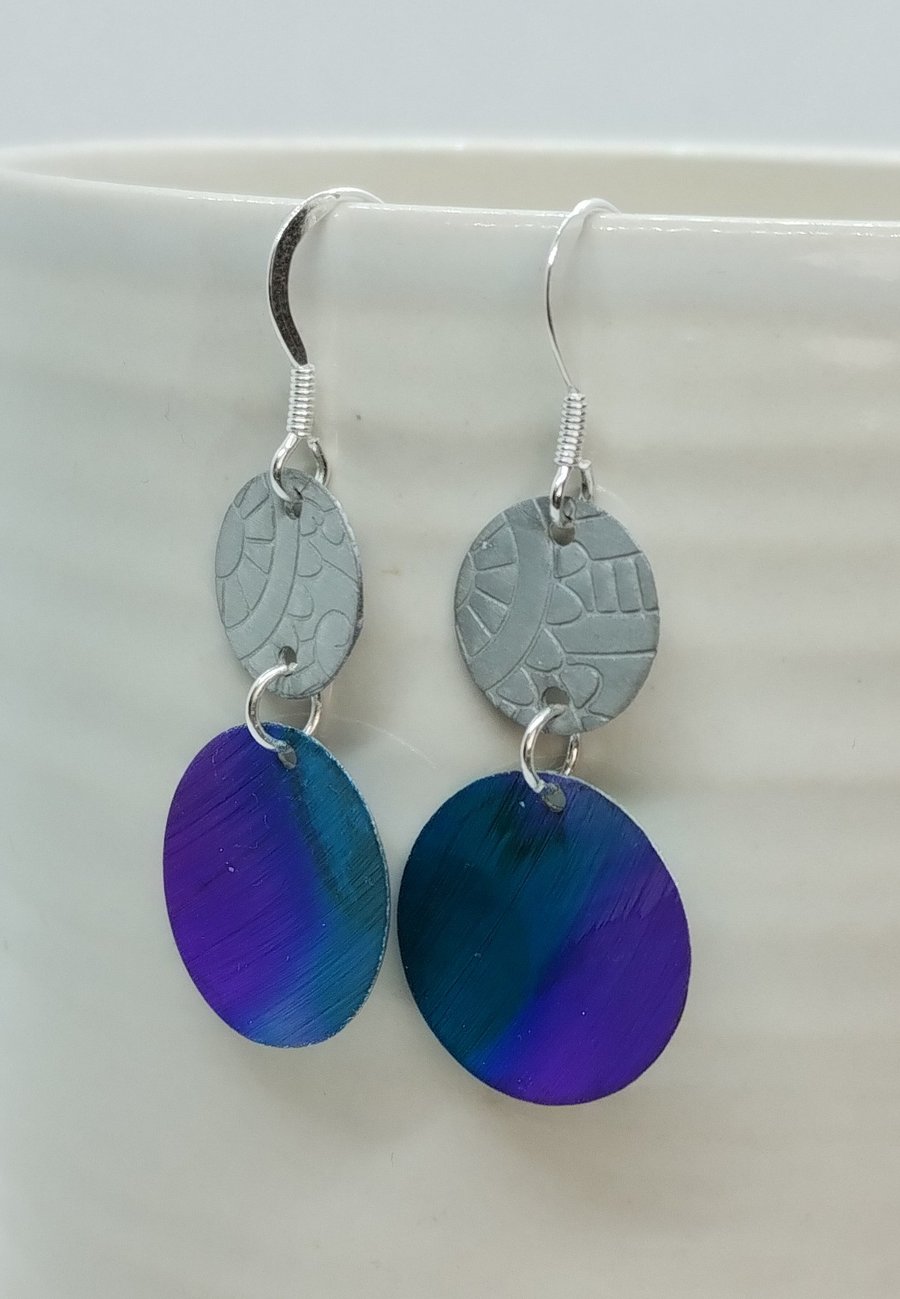 Teal and purple hand dyed aluminium earrings