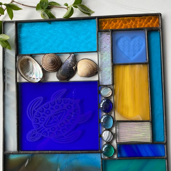 Large Stained Glass Etched Turtle Panel