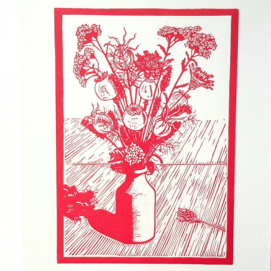 Linocut print of seedpods and Summer Flowers Raspberry Pink 