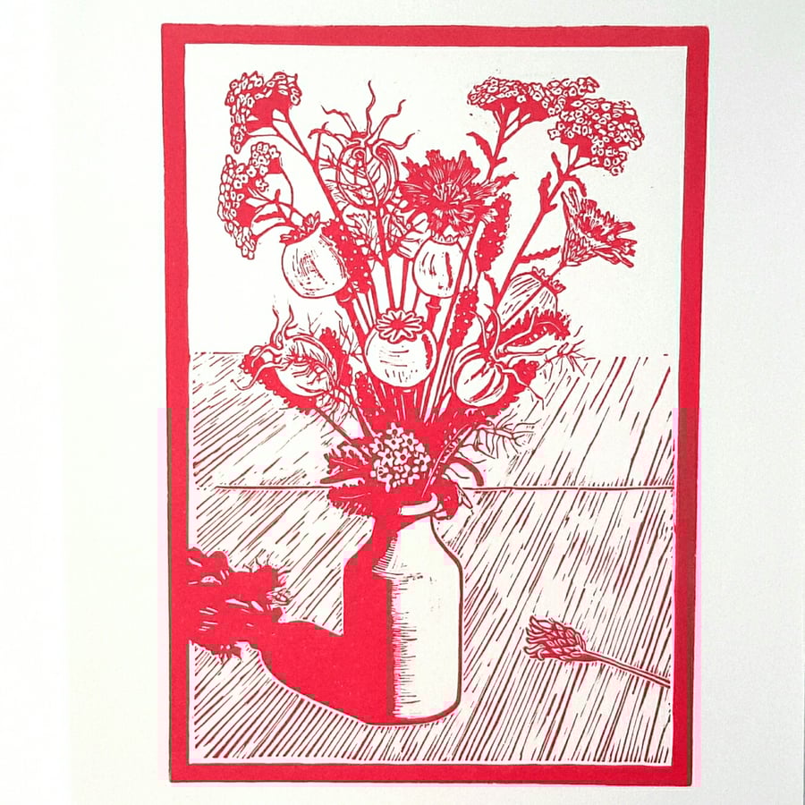 Linocut print Summer Flowers and seedheads Raspberry Pink 