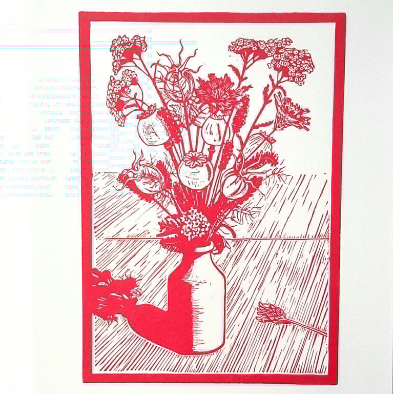 Linocut print Summer Flowers and seedheads Raspberry Pink 