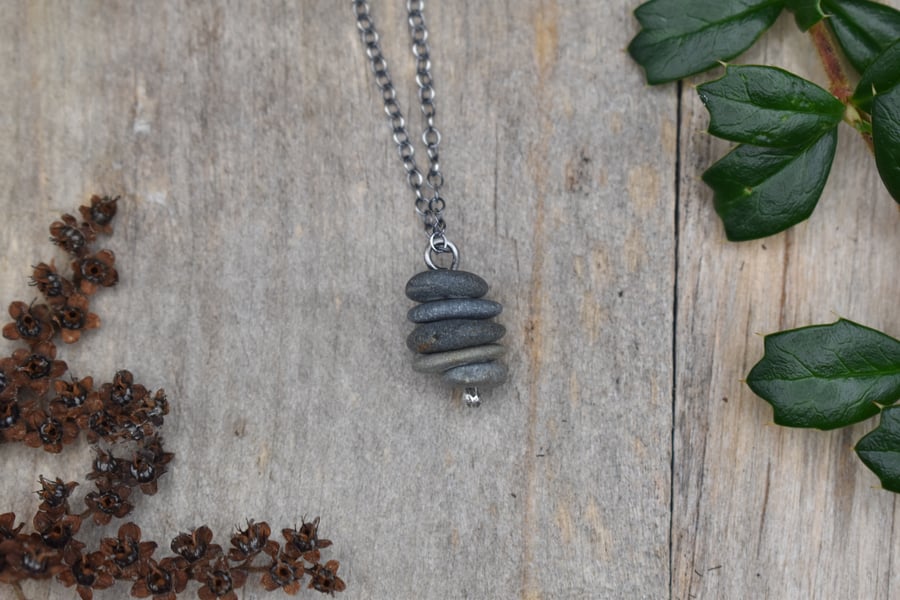 Stacked Pebble and Recycled Sterling Silver Necklace, Stone Necklace, Pendant