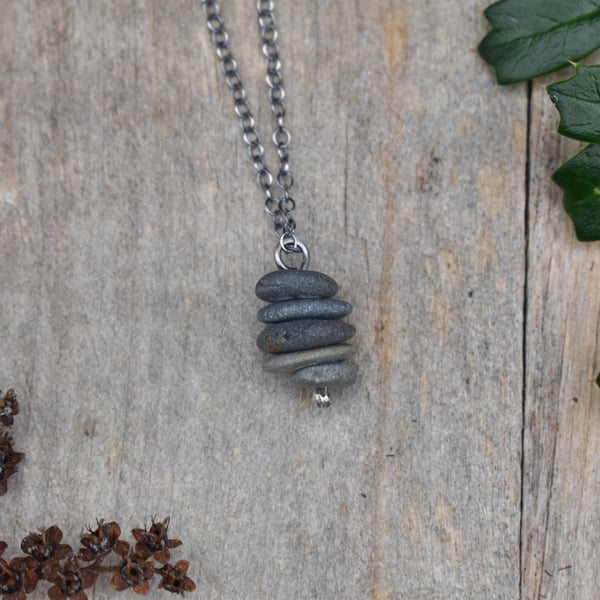 Stacked Pebble and Recycled Sterling Silver Necklace, Stone Necklace, Pendant