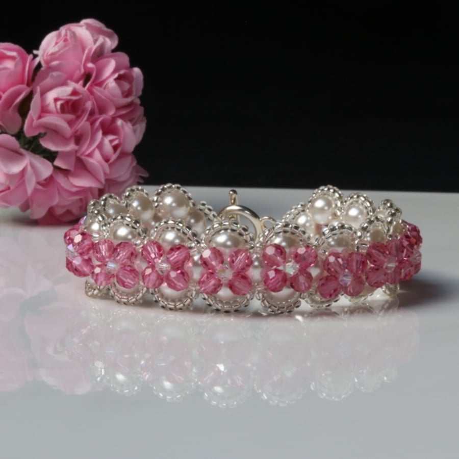 White Pearl and Pink Crystal Bracelet