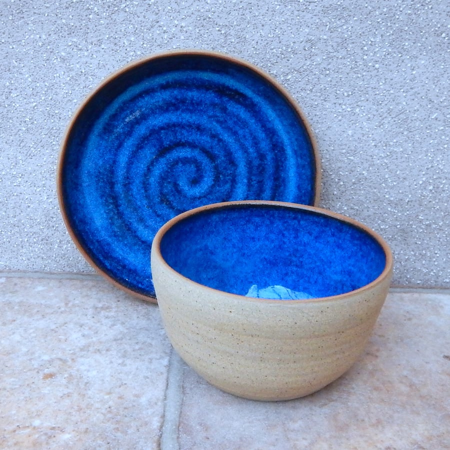 Bowl and plate set hand thrown in stoneware handmade pottery ceramic wheelthrown