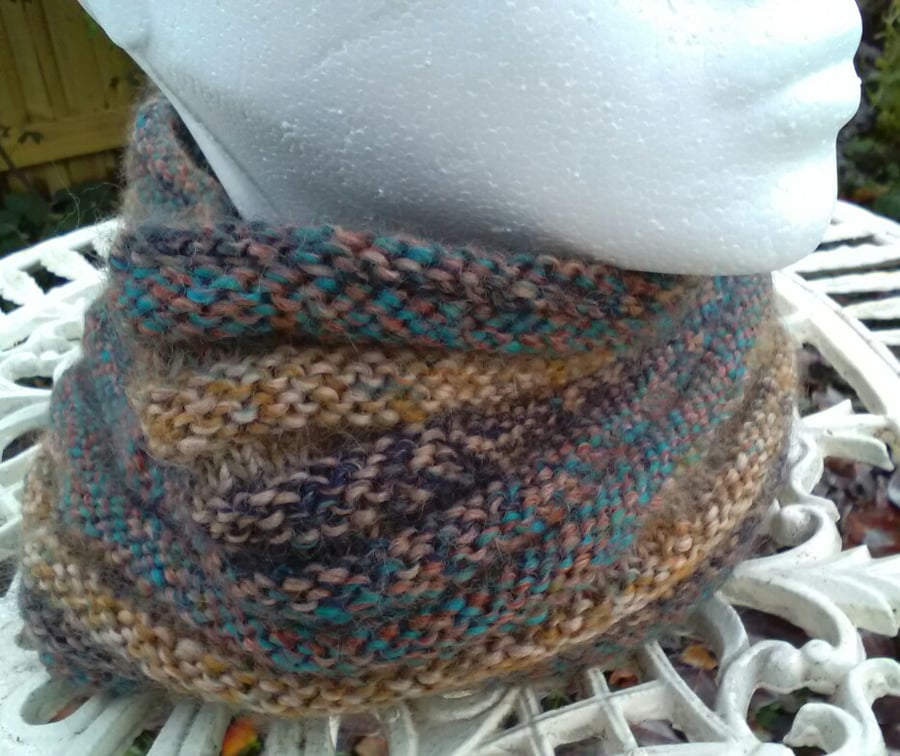 Handknit Pure Wool Textured Circular Cowl in Tweedy Earth mix