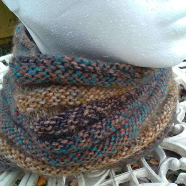 Handknit Pure Wool Textured Circular Cowl in Tweedy Earth mix