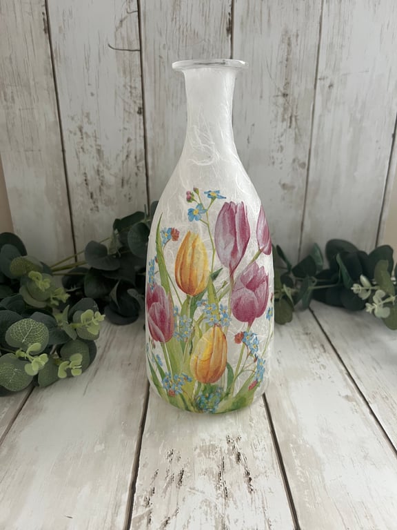 Decoupage Tulips Glass Bottle Vase:  Floral Home Decor, Upcycled
