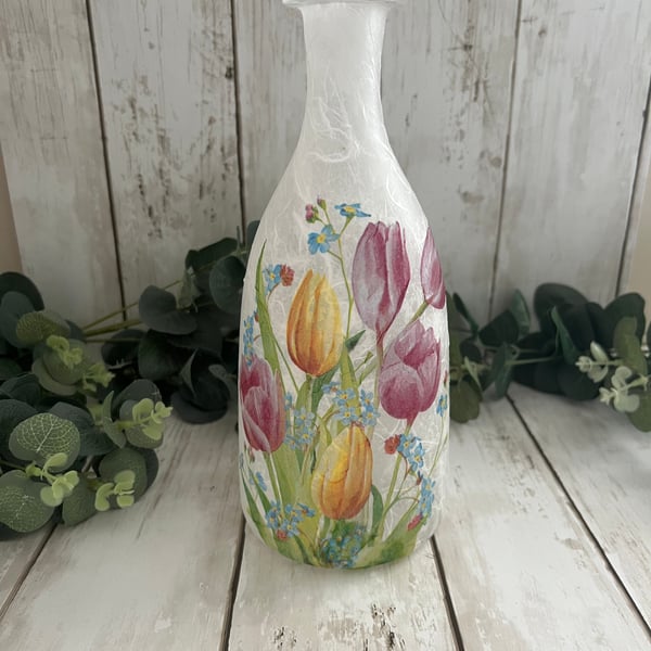 Decoupage Tulips Glass Bottle Vase:  Floral Home Decor, Upcycled