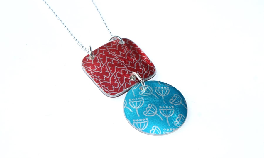 Turquoise and red patterned necklace - butterfly and seed head