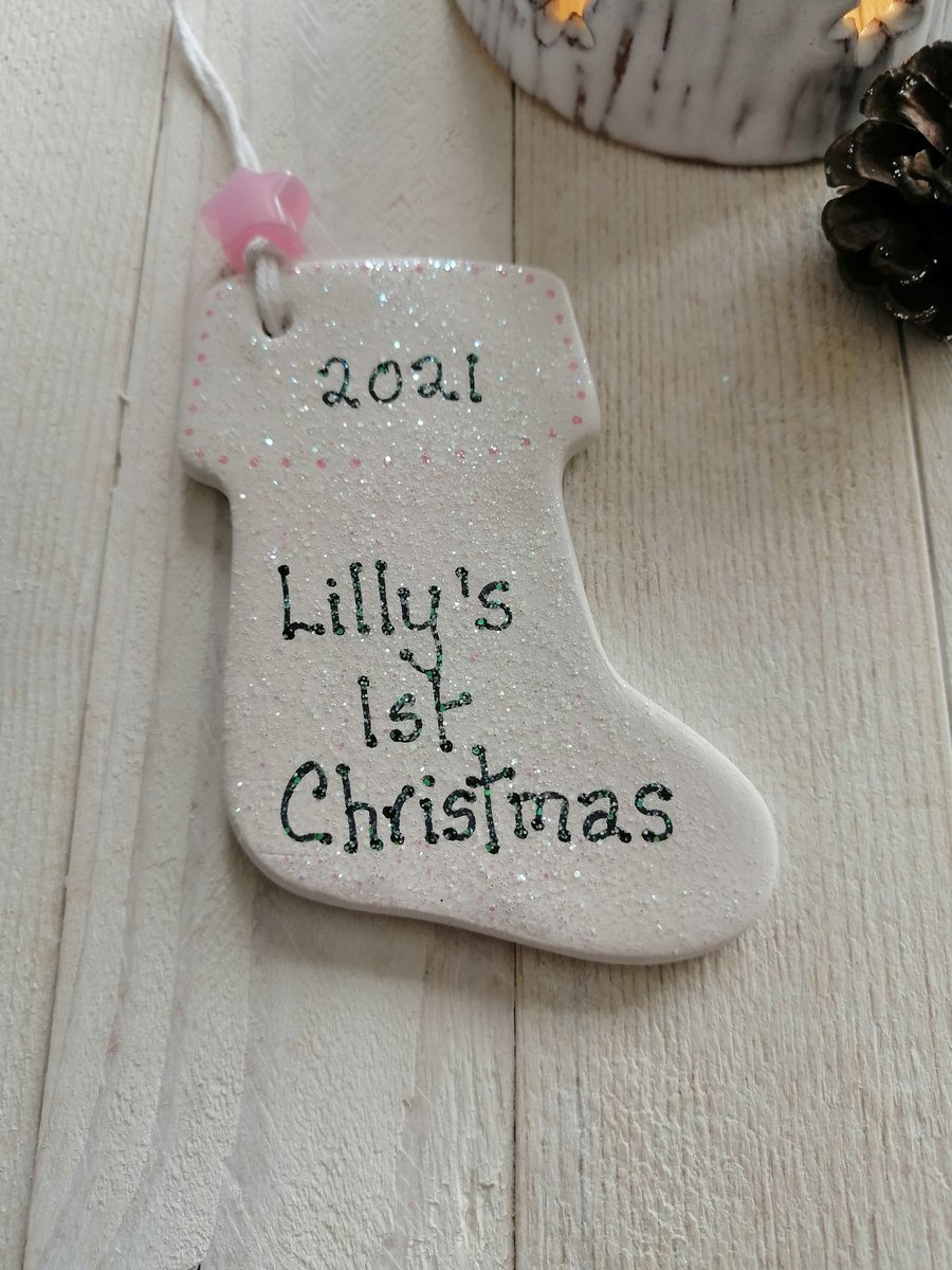 1ST Christmas Stocking Personalised Ceramic Keepsake Pink(small) 