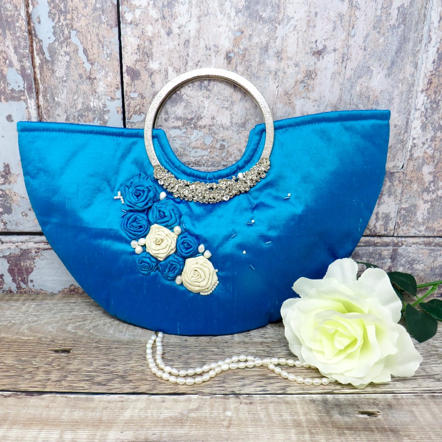 Blue silk decorated evening bag. Wedding bag. Prom bag. 