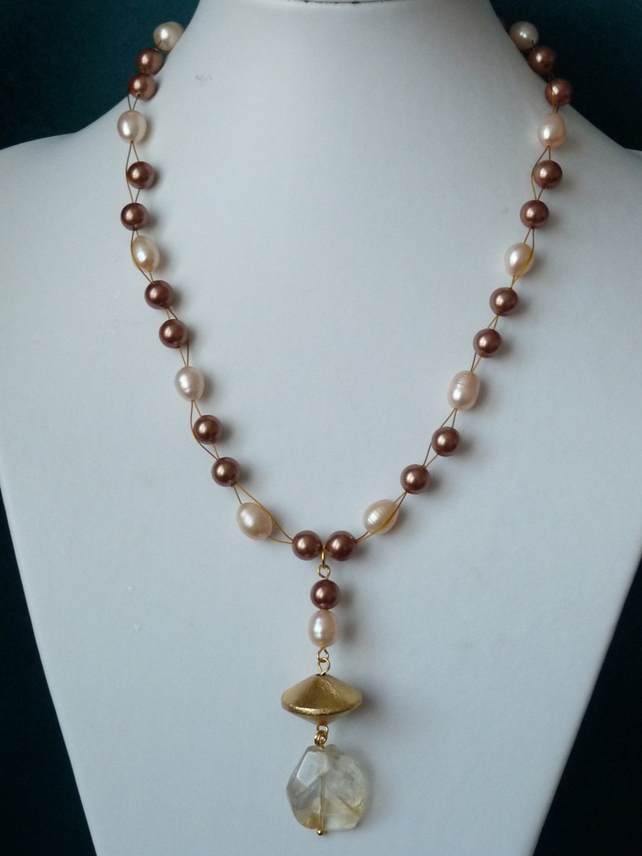Freshwater Pearl, Shell & Citrine Necklace - Genuine Gemstone - Handmade