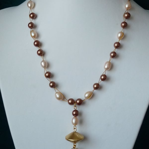 Freshwater Pearl, Shell & Citrine Necklace - Genuine Gemstone - Handmade