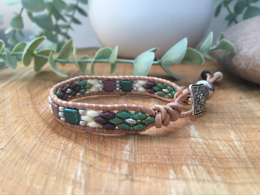 Leather boho beaded single wrap adjustable bracelet , boho chic, free spirit 