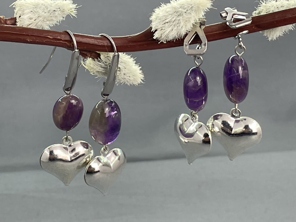 Dainty Small Silver Heart Earrings with Amethyst - Pierced or Clip-on