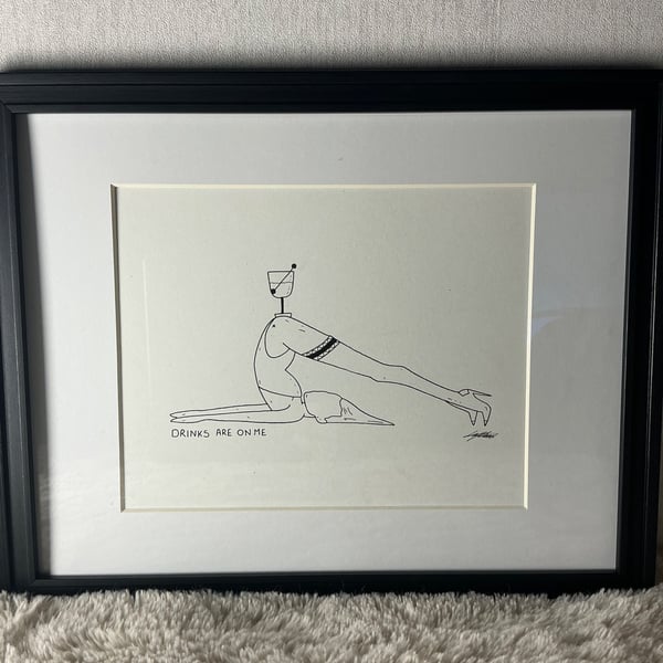 A4 original artwork - one of a kind - Nude - Drinks are on me - funny