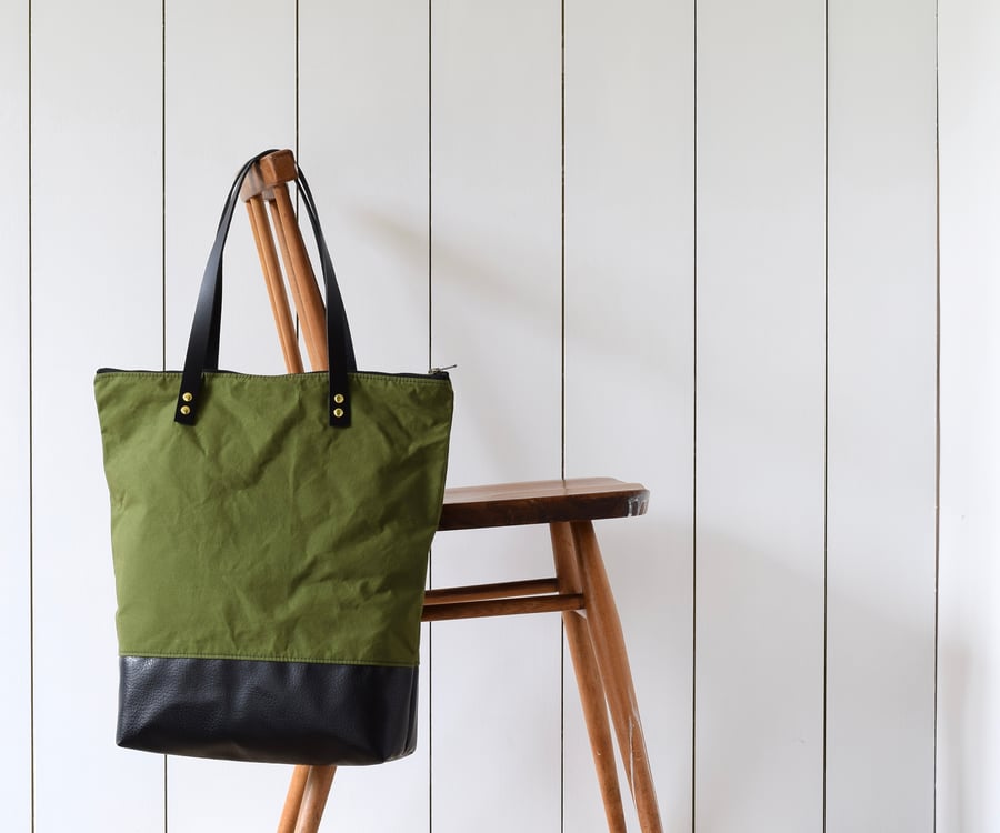Green waxed canvas and leather tote bag - great for work and play FREE POST
