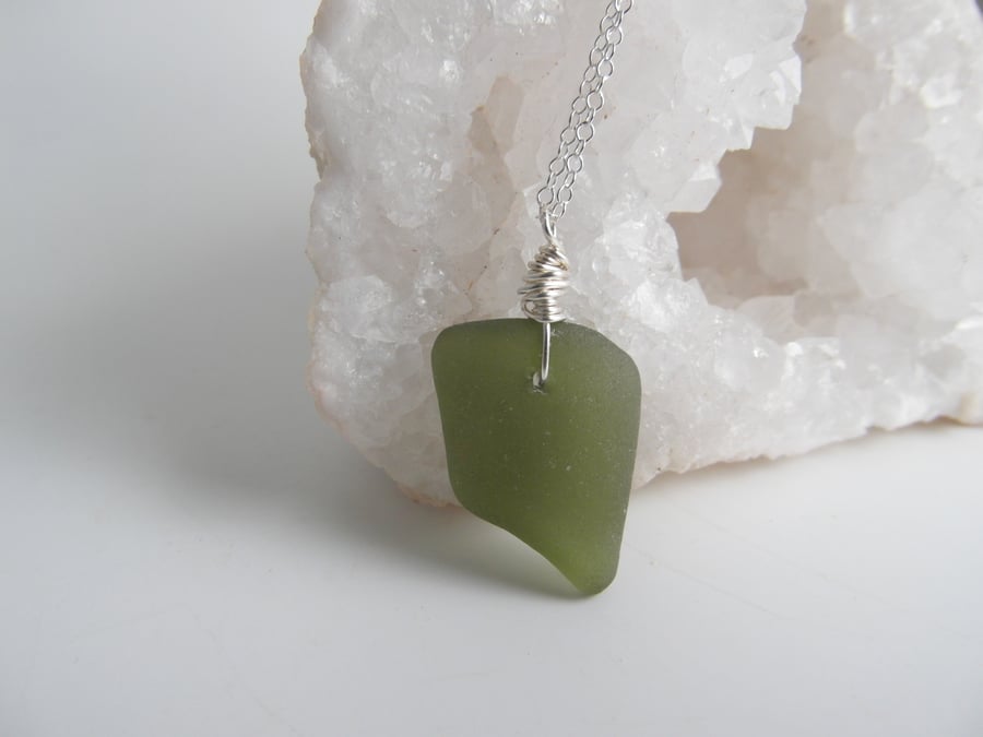 Olive Green Cornish Sea Glass Necklace, Sterling Silver N551