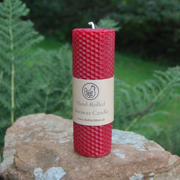 Hand Rolled Red Natural Beeswax Pillar Candle 15cm-5.9 inches - Burn Time 18Hrs