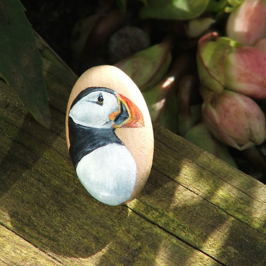 Hand painted wooden focal bead - Puffin, 35 x 20mm