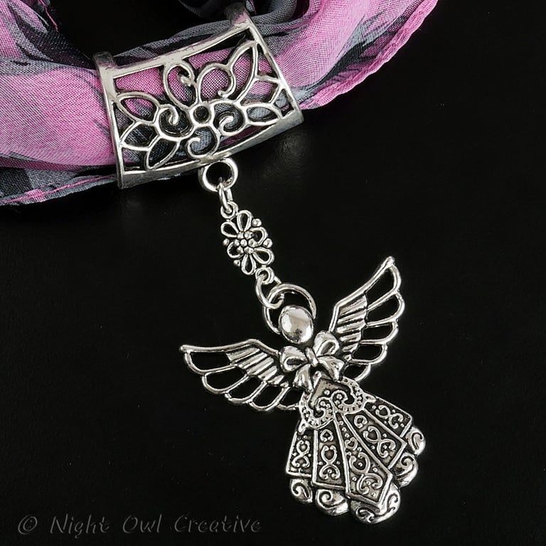 Angel Pendant Scarf Ring, Scarf Jewellery, Silver Tone Slider Pendant, Filigree 