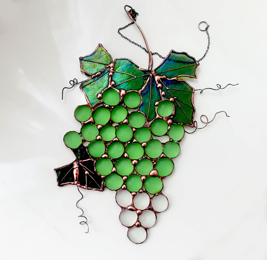 Stained Glass Green Grapes on Vine Suncatcher Hanging Ornament Decoration