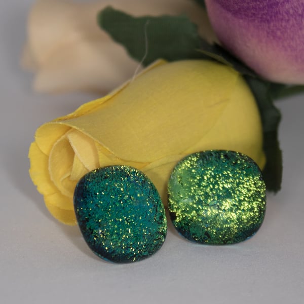 Sparkly Green Dichroic Glass Earrings on Sterling Silver Studs - 2060a