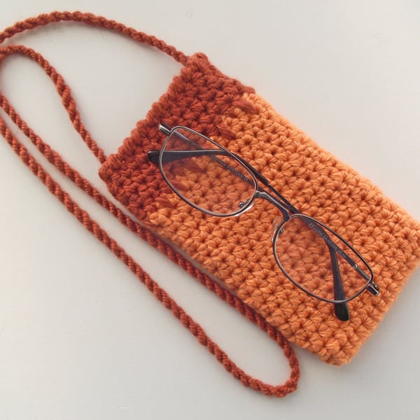 Neck Pouch for Glasses or Mobile Phone, Lanyard Bag, Purse, Crocheted, Peach