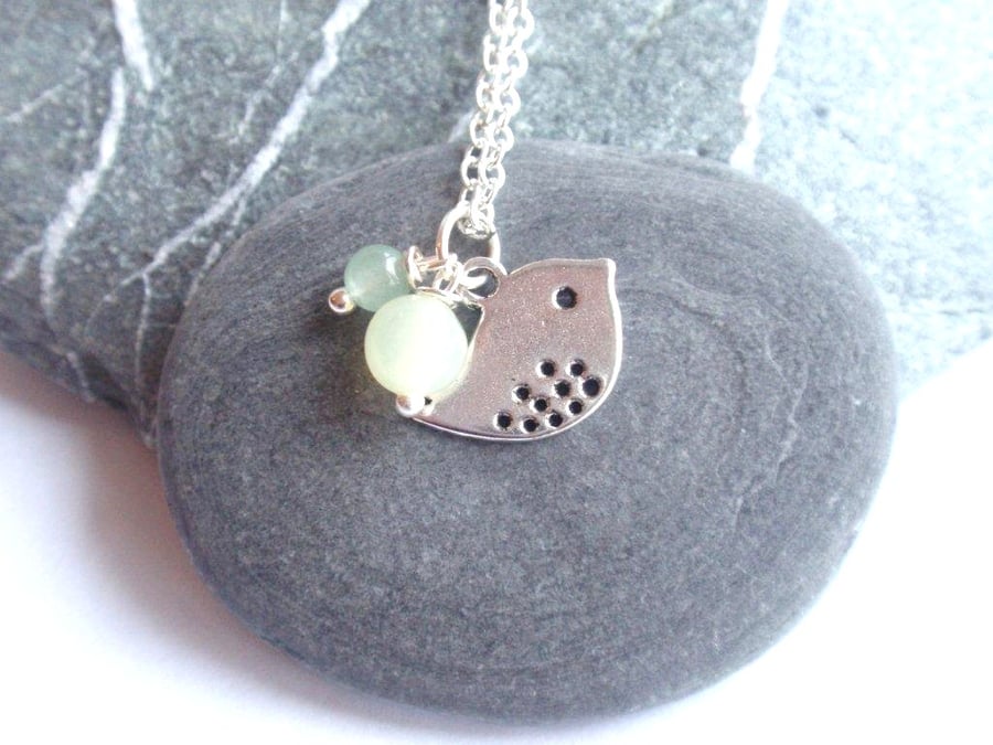 Silver Bird Necklace with Pale Green Jade and Aventurine Gemstones