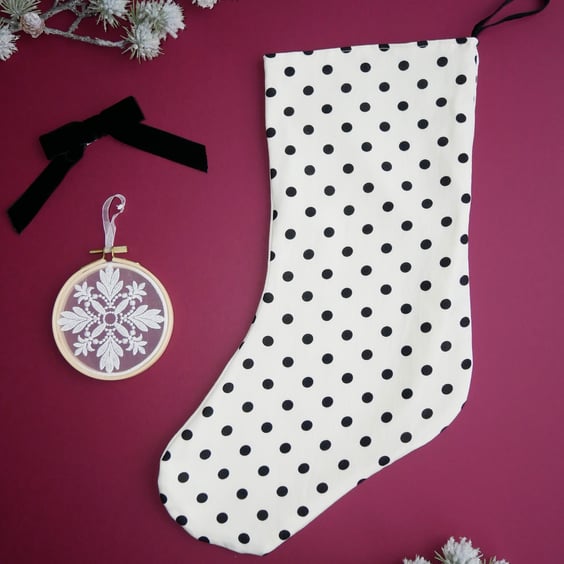 Cream Christmas Stocking with Black Polka Dots - Large