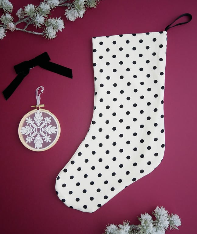 Cream Christmas Stocking with Black Polka Dots - Large