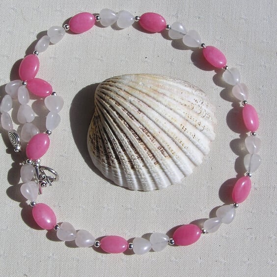 Pink Morganite & Rose Quartz Heart Gemstone Statement Necklace