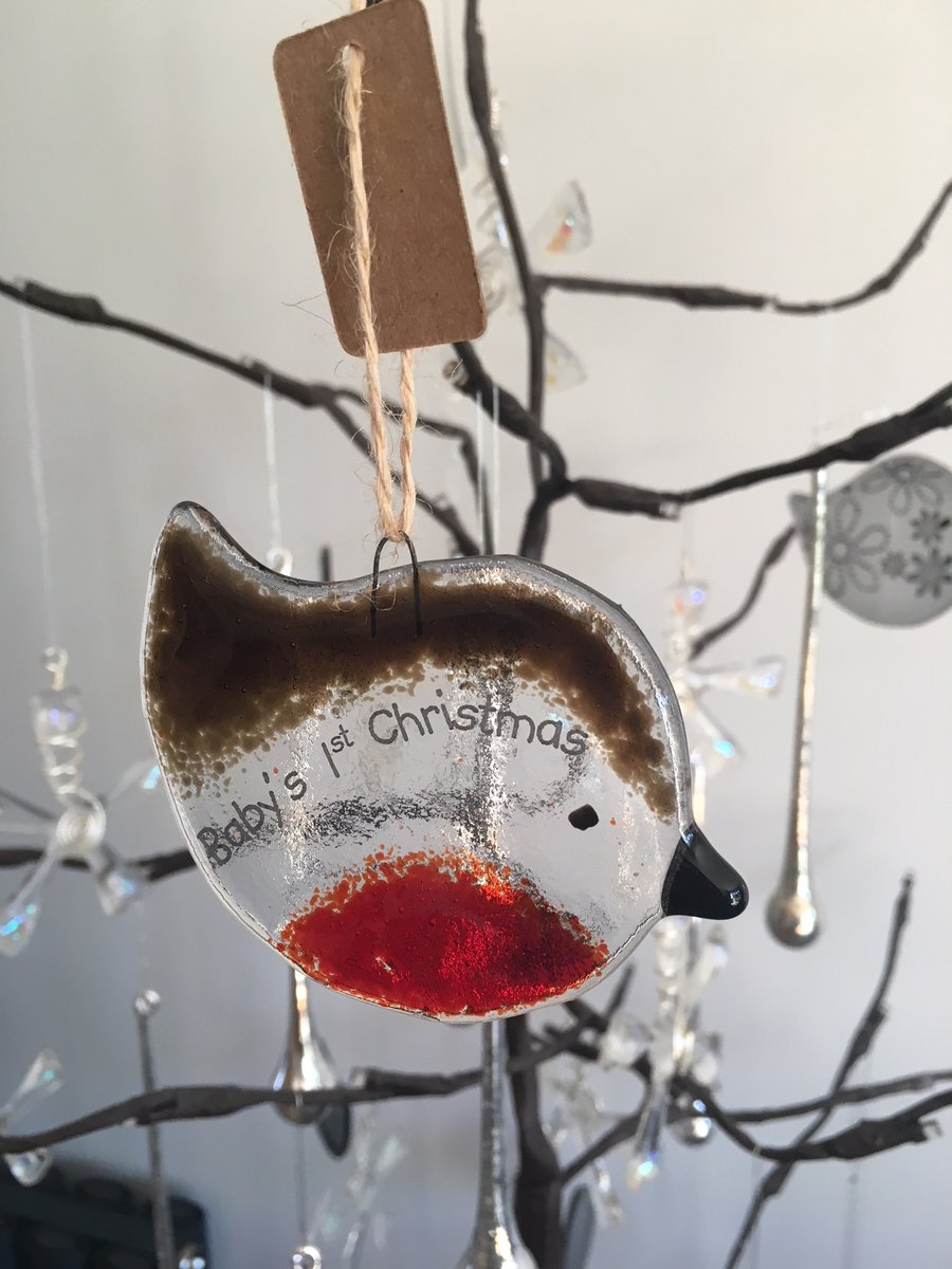 Handmade Fused Glass "Baby's 1st Christmas" Robin Christmas Decoration