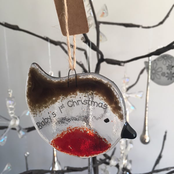 Handmade Fused Glass "Baby's 1st Christmas" Robin Christmas Decoration
