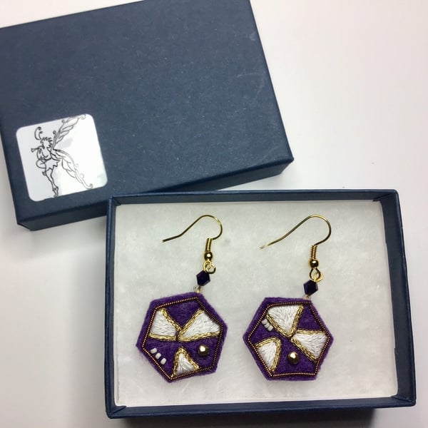 Purple and Gold Hexagon Earrings - Golwork, Silk shading, Beading, Felt, Crystal