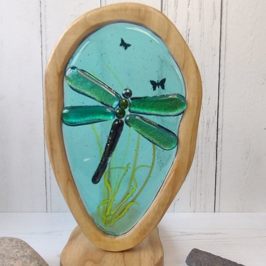 Handmade Fused Glass Dragonfly Panel with Dichroic Wings in Wooden Frame & Stand