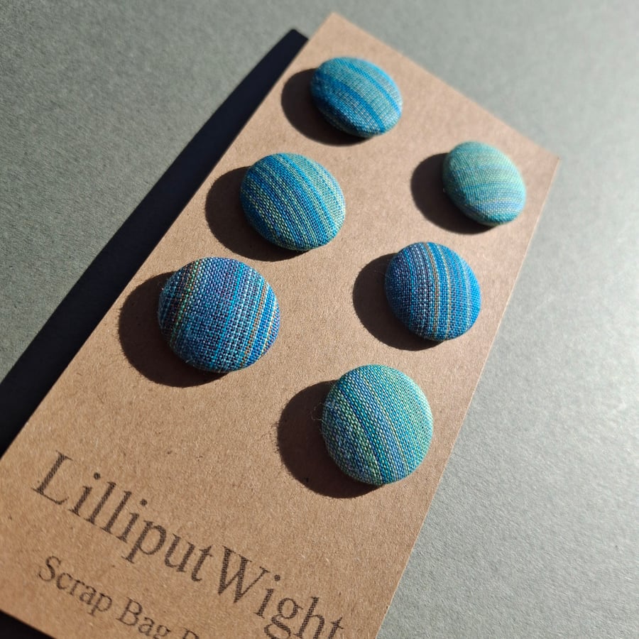 Set of six scrap bag buttons - green and blue green striped cotton fabric