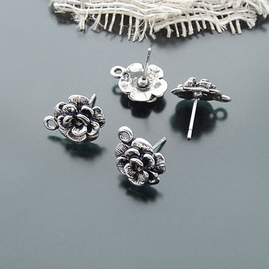 antique silver flower earring posts  - a pair
