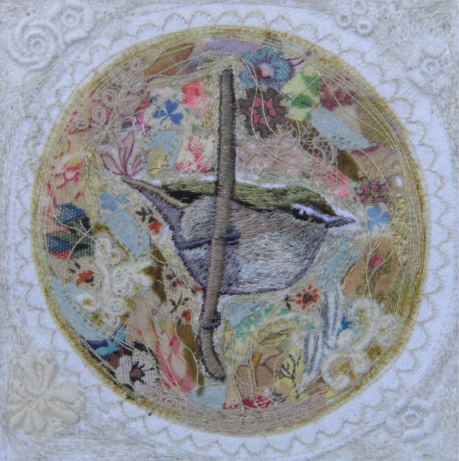 Reed Warbler Roundel - Original Embroidery Collage