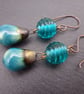 teal green lampwork glass earrings, ceramic copper jewellery