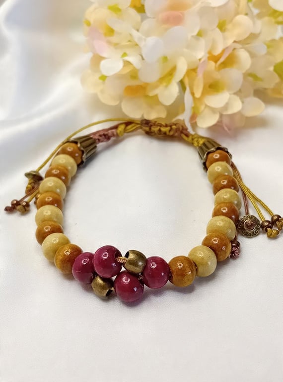 Wood Beaded Bracelet in Brown & Red