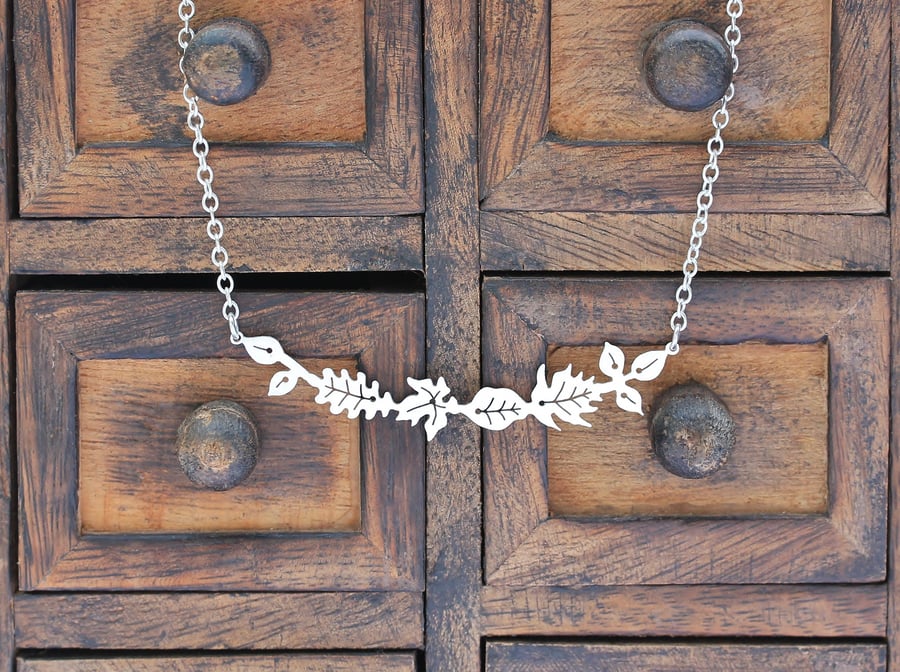 Silver Leaf Necklace - Silver Floral Necklace - Silver Bar Necklace