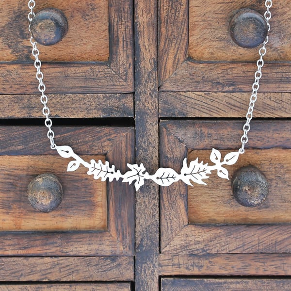 Silver Leaf Necklace - Silver Floral Necklace - Silver Bar Necklace