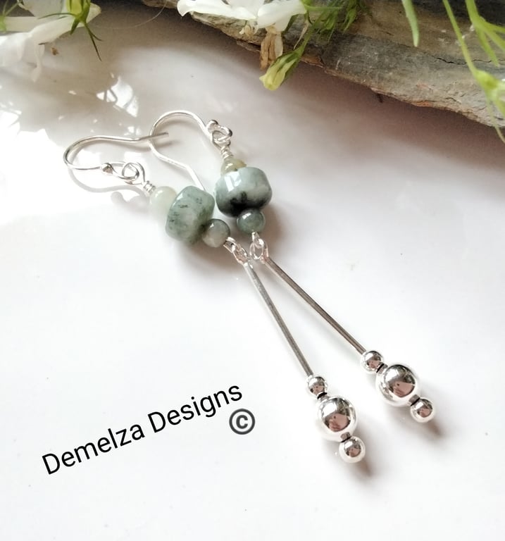 Stunning  Long Green Jadeite & Jade Sterling Silver Earrings ONE OFF PAIR 