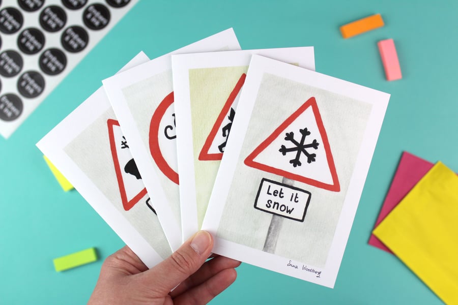 Christmas Roadsigns card pack - four assorted illustrations with envelopes