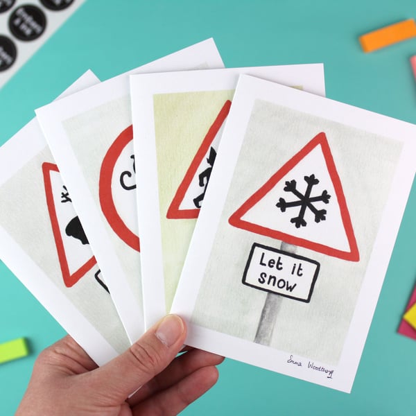 Christmas Roadsigns card pack - four assorted illustrations with envelopes