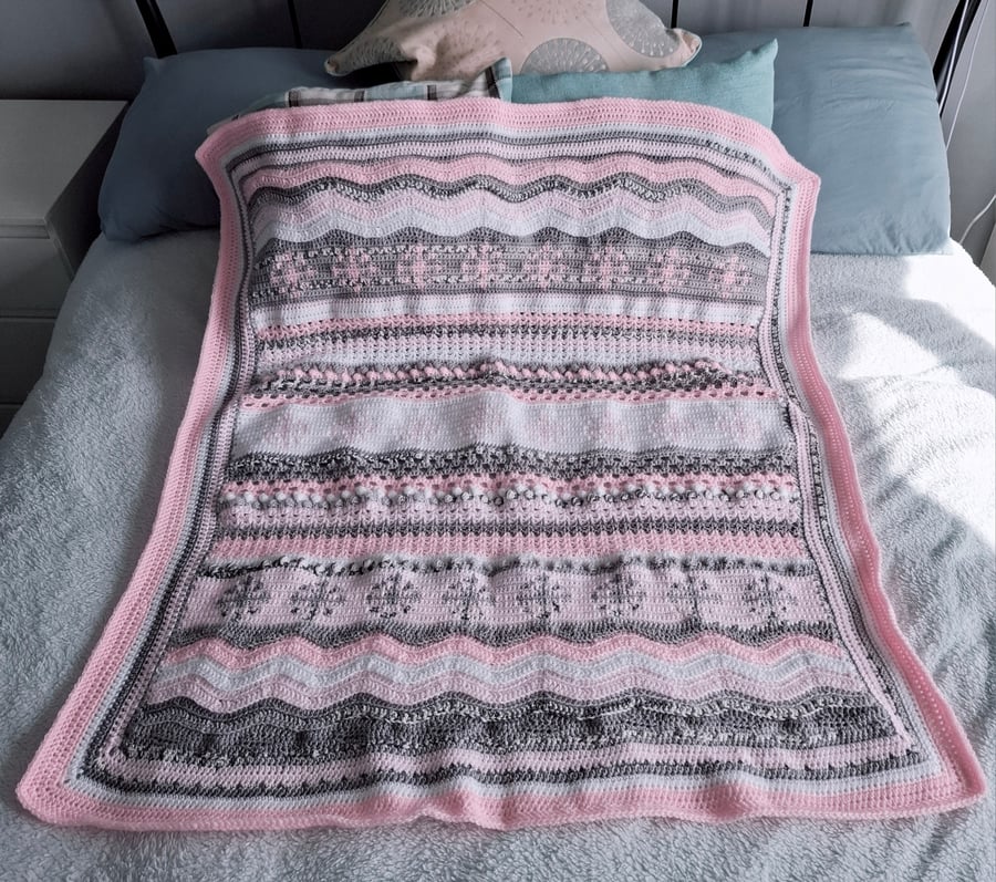 Pink Snowflake Crochet blanket, lap blanket 