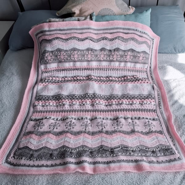 Pink Snowflake Crochet blanket, lap blanket 