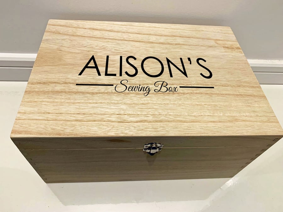 Large Personalised Engraved Wooden Sewing Box